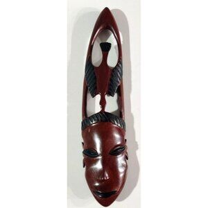 VINTAGE Folk Art Hand Carved Wood Face Tribal Wall Art Woman Long Mask 13.5x3"